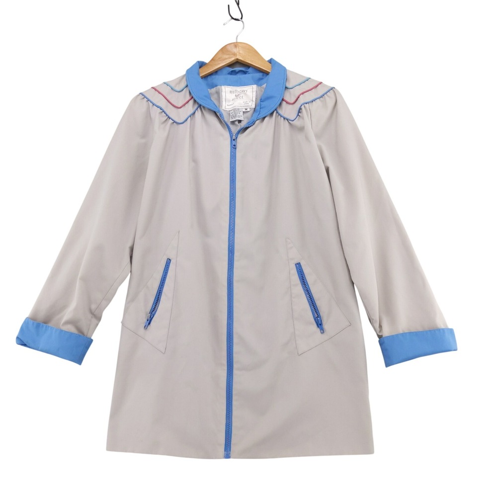 Vintage‎ Mulberry Street Jacket Trench Coat Sz Gray Blue Pink Piping Zip Front